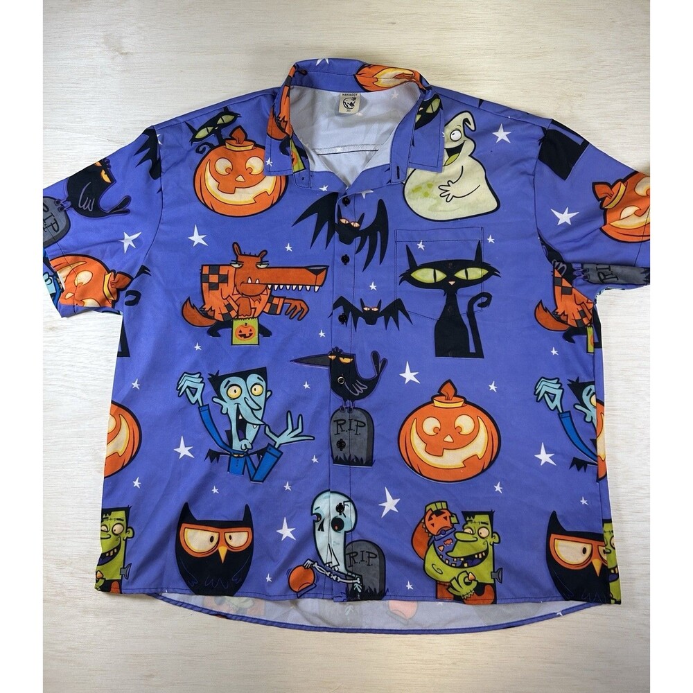 Hardaddy Men's 3XL Purple Halloween Ghosts Bats Cats Hawaiian Shirt
